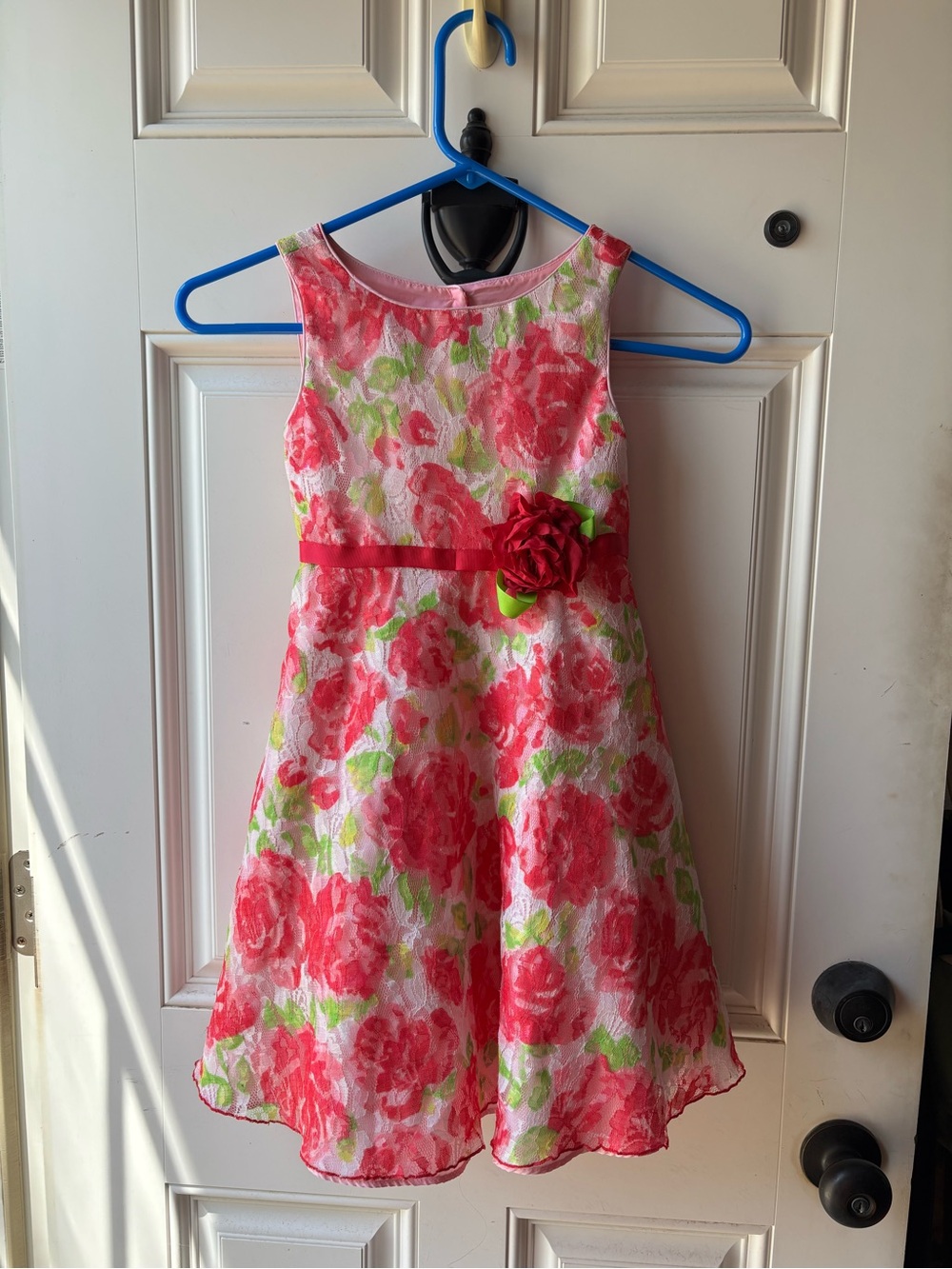 Youngland pink floral dress with red tie, rose and tulle layered skirt Kids 6y